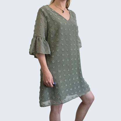 Sage Green Swiss Dot Sheer Ruffle Flutter Sleeve V-Neck Mini Dress