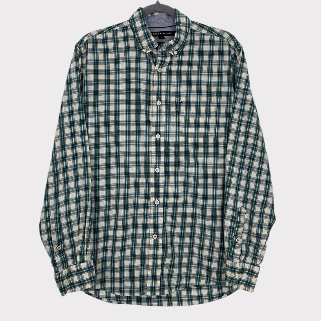 Tommy Hilfiger Mens Green & Blue Plaid Classic Fit Long Sleeve Button Down Shirt