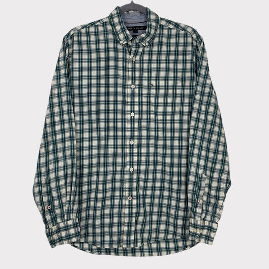 Tommy Hilfiger Mens Green & Blue Plaid Classic Fit Long Sleeve Button Down Shirt