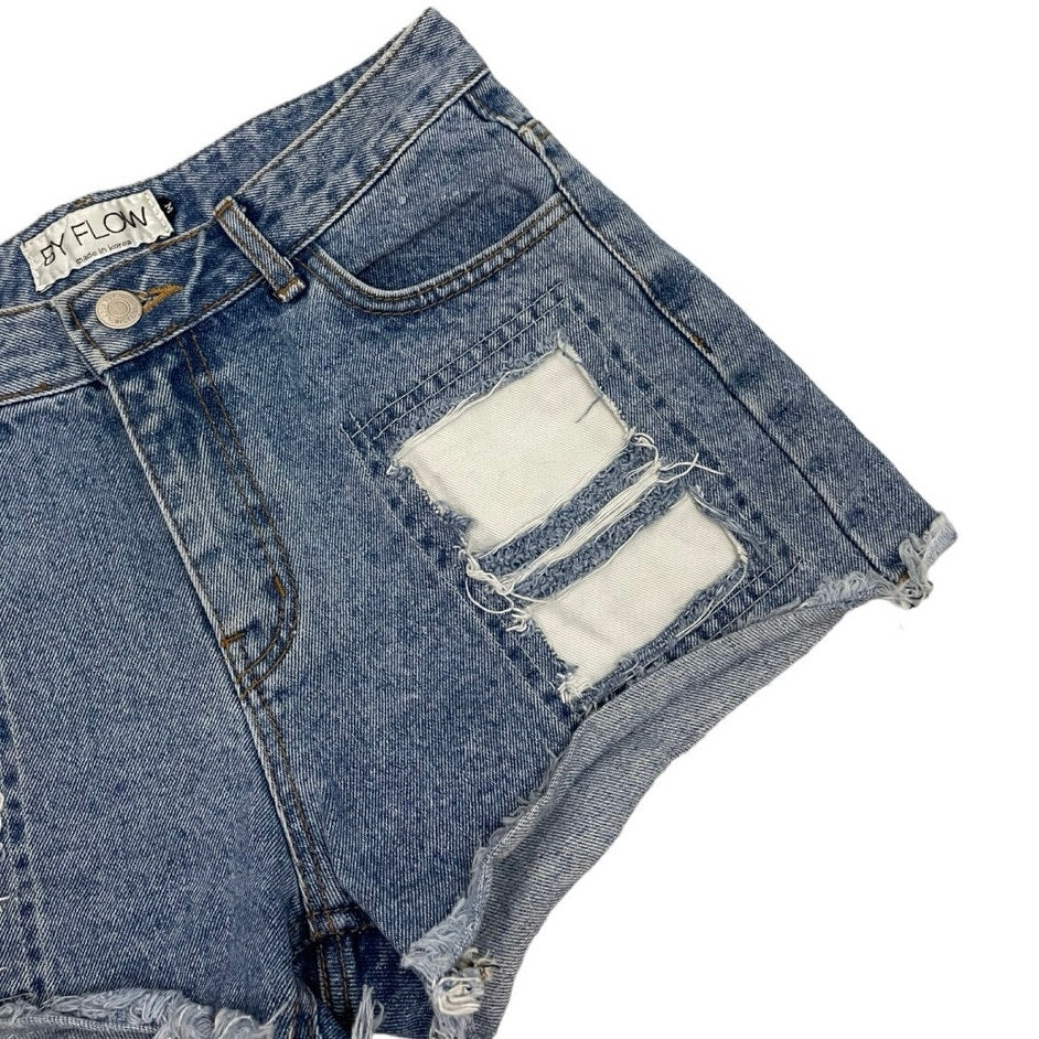 By Flow Patchwork Distressed High Rise Mini Denim Jean Shorts