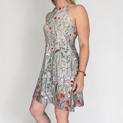 Grey & Red Floral Print Mini Dress