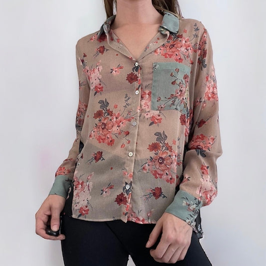 &. Layered Boho Floral Sheer Long Sleeve Button Down Blouse