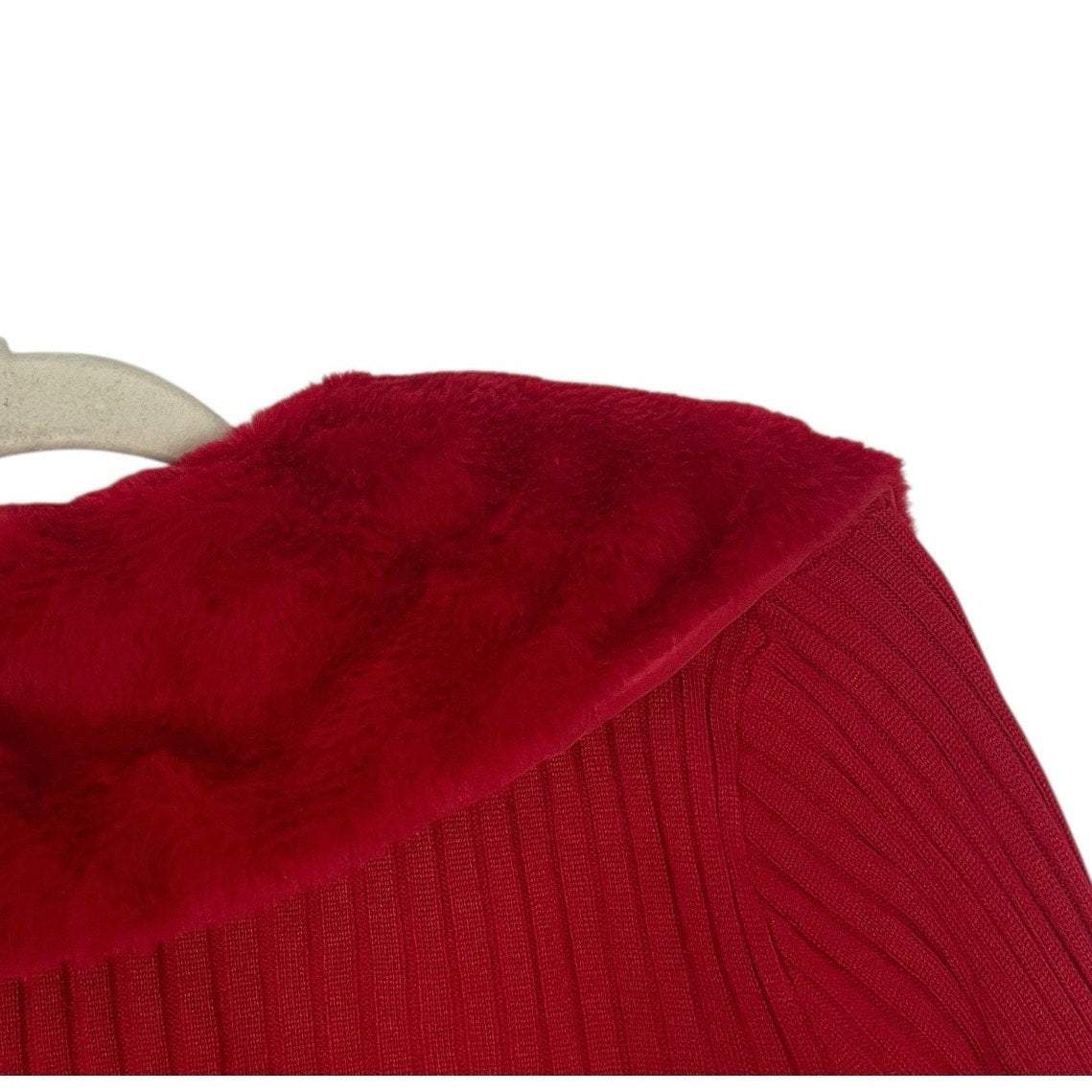 No Boundaries Red Ribbed Zip Up Fur Collar Long Sleeve Top