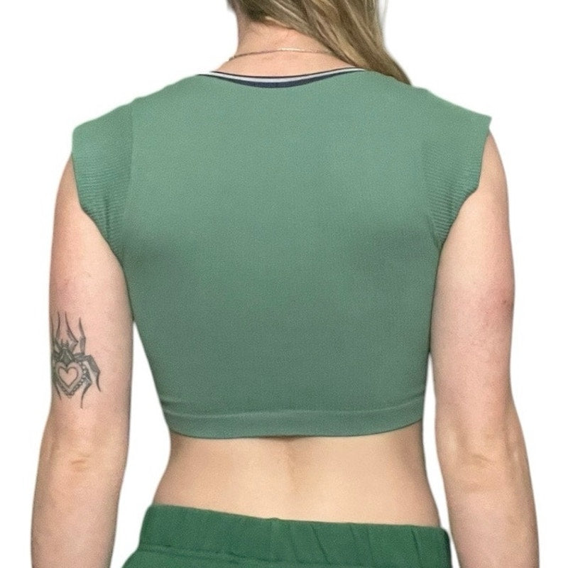 Out From Under Green Ribbed Cropped Short Sleeve V-Neck Top