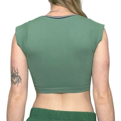 Out From Under Green Ribbed Cropped Short Sleeve V-Neck Top