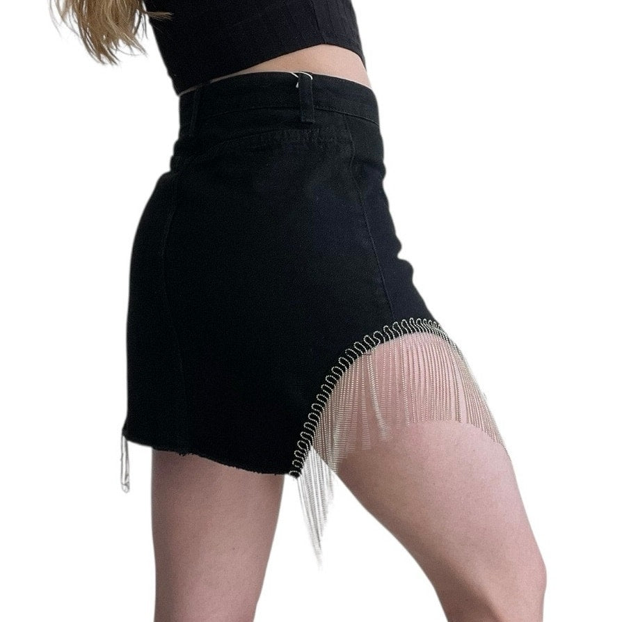 NWT Adika Black Denim Side Slit Silver Chain Fringe Mini Jean Skirt