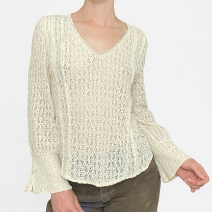 Hinge Sheer Lace Cream Boho Long Bell Sleeve V-Neck Blouse