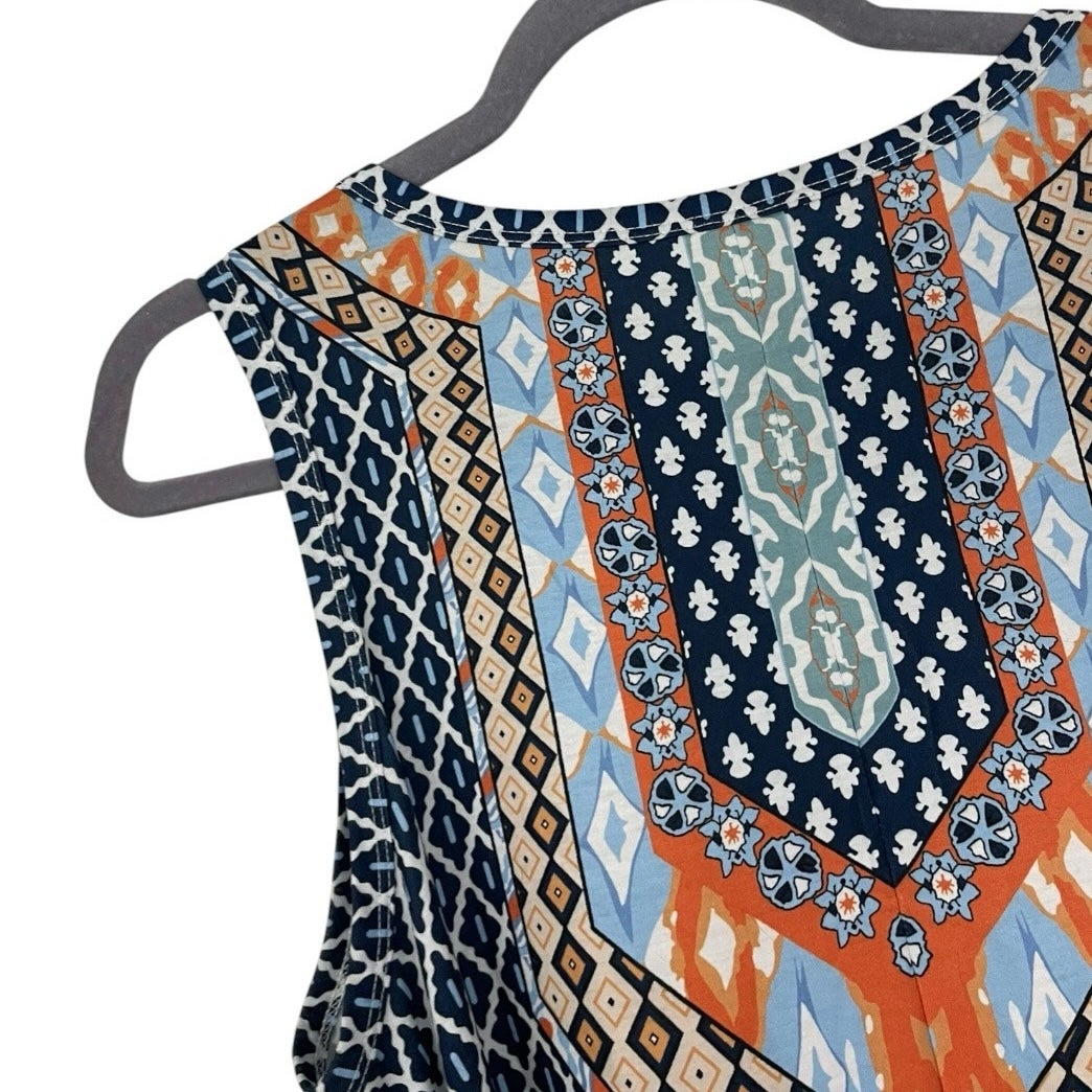 Blue & Orange Geometric Boho Print Mini Dress with Pockets