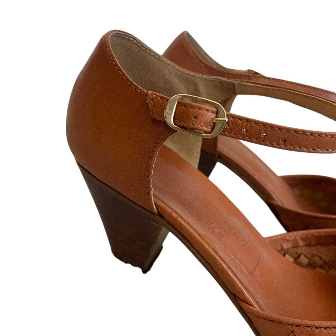 Vintage 70s Jacques Cohen Terracotta Woven Toe Genuine Leather Mid Block Heels