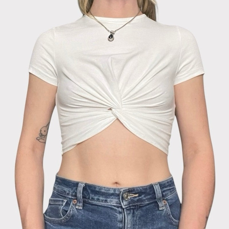 SHEIN White Short Sleeve Knot Front Cropped Top