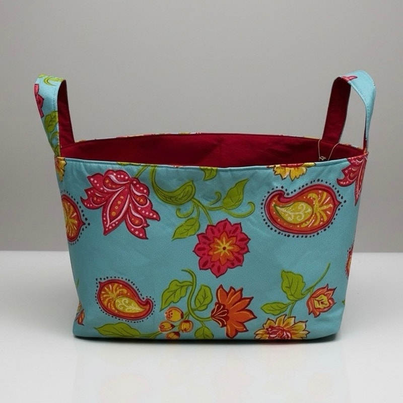 NWT Spring Inspirations Blue & Red Boho Paisley Floral Basket Tote Bag