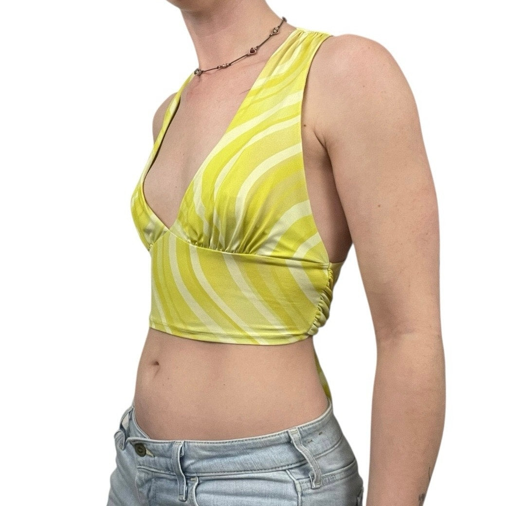 Urban Outfitters Yellow Striped Cross Tie Back Cropped Plunge Neck Top