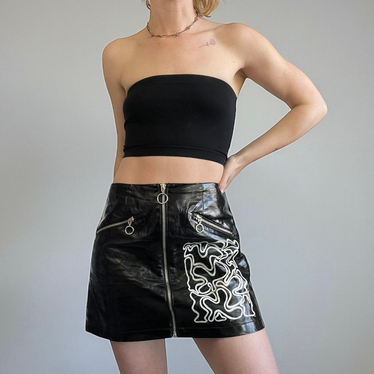 Faux Leather Black & White Hand Painted Abstract Y2K Zip Up Mini Skirt
