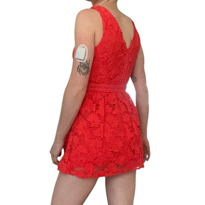 Soieblu Vibrant Coral Floral Lace A-Line V-Neck Mini Dress