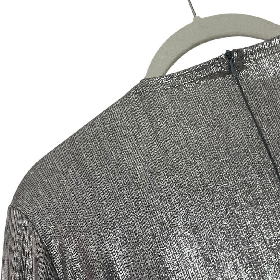 Silver Metallic Draped Long Sleeve Plunge Neck Mini Dress