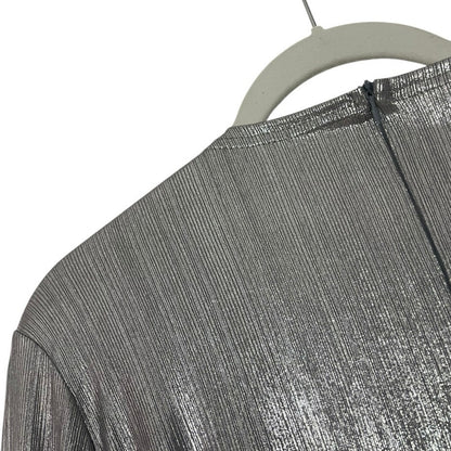 Silver Metallic Draped Long Sleeve Plunge Neck Mini Dress