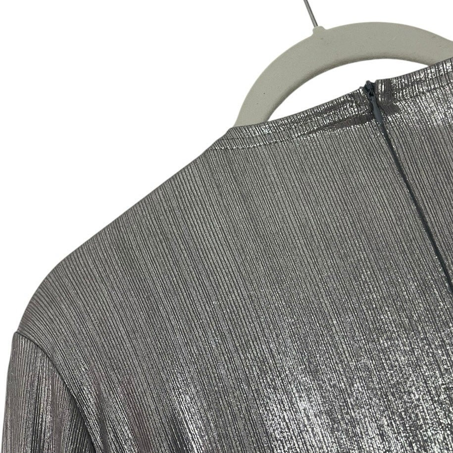 Silver Metallic Draped Long Sleeve Plunge Neck Mini Dress