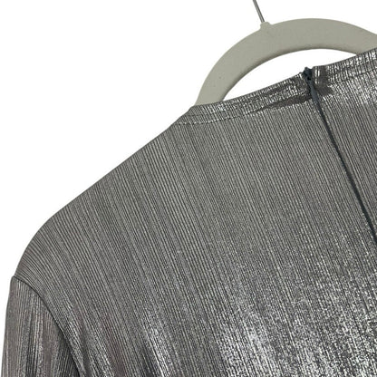 Silver Metallic Draped Long Sleeve Plunge Neck Mini Dress