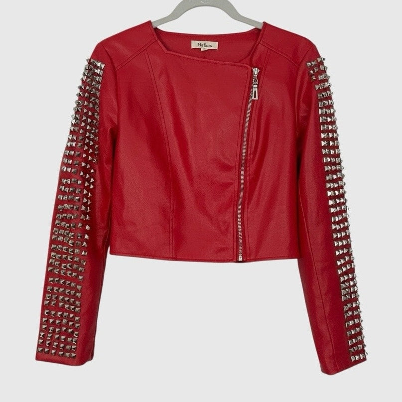 My Boo Red Faux Leather Studded Moto Jacket