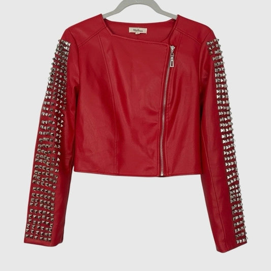 My Boo Red Faux Leather Studded Moto Jacket