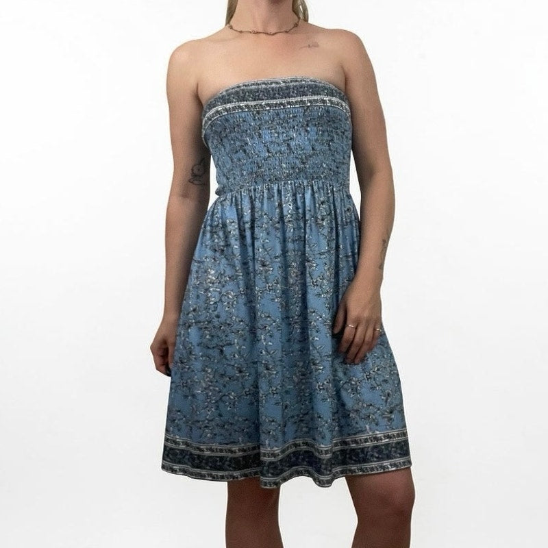 Blue Floral Boho Strapless Mini Dress