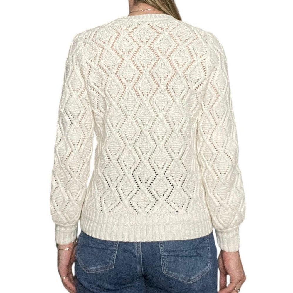 LOFT White Loose Diamond Cable Knit Crewneck Sweater