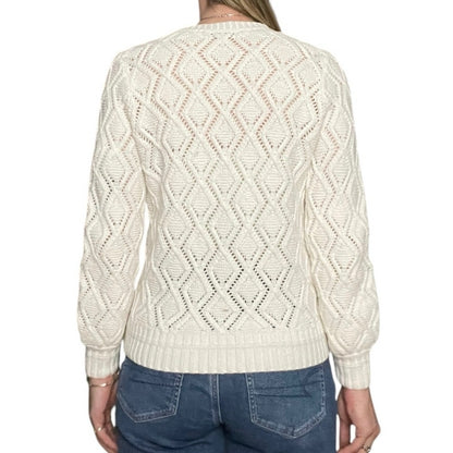 LOFT White Loose Diamond Cable Knit Crewneck Sweater