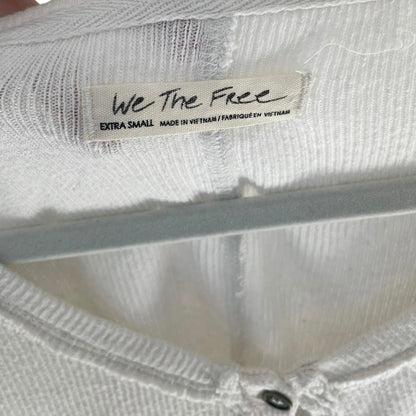 We The Free White Ribbed Button Front Puff Sleeve Cropped Top