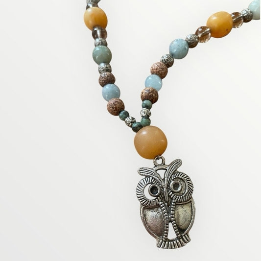 Vintage Silver Owl Pendant Colorful Beaded Necklace