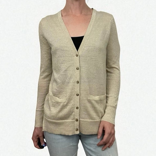 Ann Taylor LOFT Glittery Metallic Gold Cream Button Down Cardigan Sweater