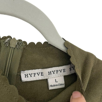 HYFVE Olive Green Faux Suede Scalloped Trim Mini Dress