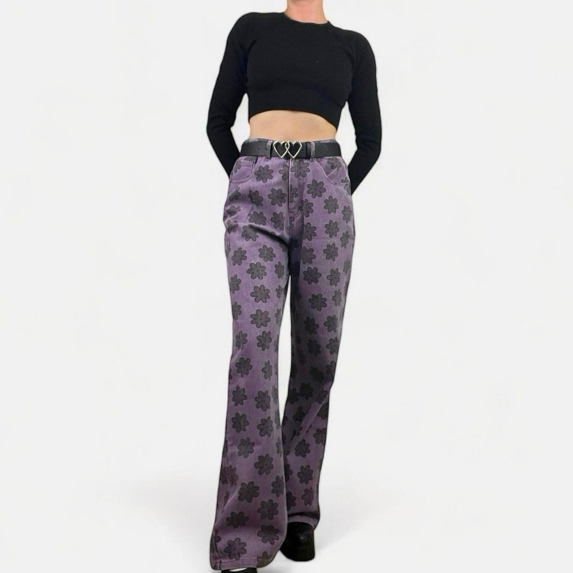 Hesperus Purple 70s Floral Print Denim Pants