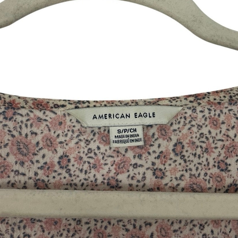 American Eagle Floral Long Sleeve Tie Front V-Neck Ruched Blouse
