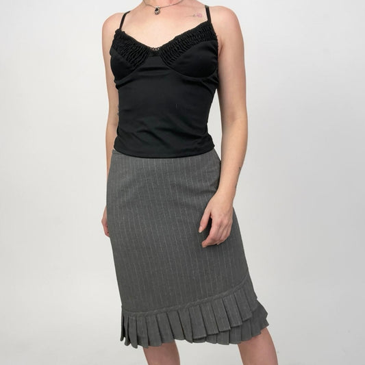 Ann Taylor LOFT Stretch Grey Pinstripe Pleated Ruffle Hem Midi Skirt