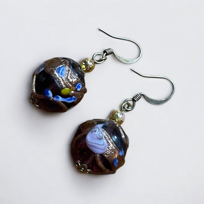 Vintage Purple & Gold Round Pendant Earrings