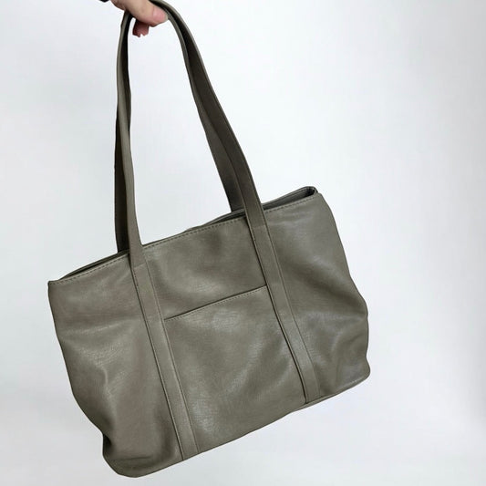 Large Leather Olive Green Beige 3 Pocket Shoulder Bag