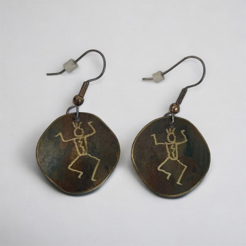 Vintage Gold Native American Dancing Stick Figure Round Earrings