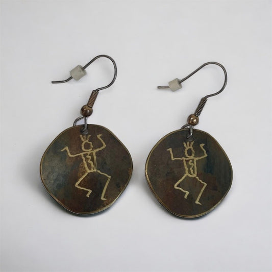 Vintage Gold Native American Dancing Stick Figure Round Earrings