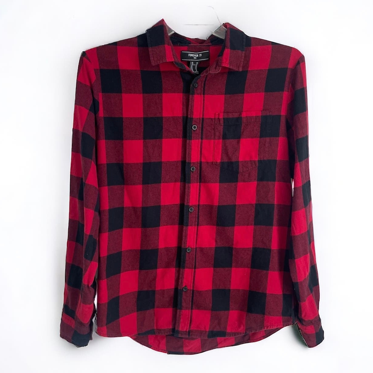 Forever 21 Mens Red and Black Plaid Long Sleeve Button Down Shirt