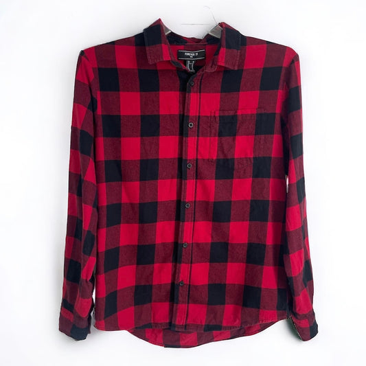 Forever 21 Mens Red and Black Plaid Long Sleeve Button Down Shirt