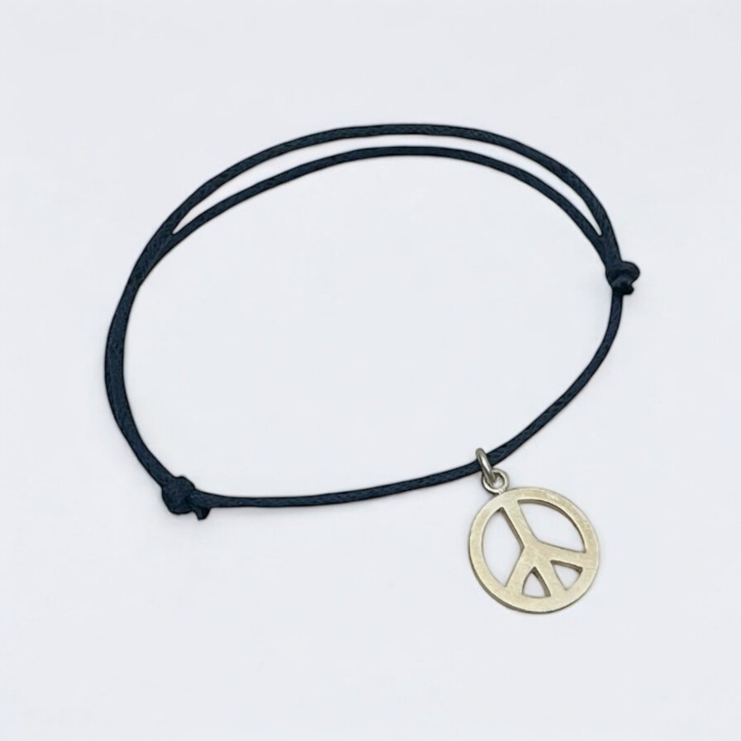 Vintage Silver Peace Sign Pendant Navy Blue Rope Bracelet