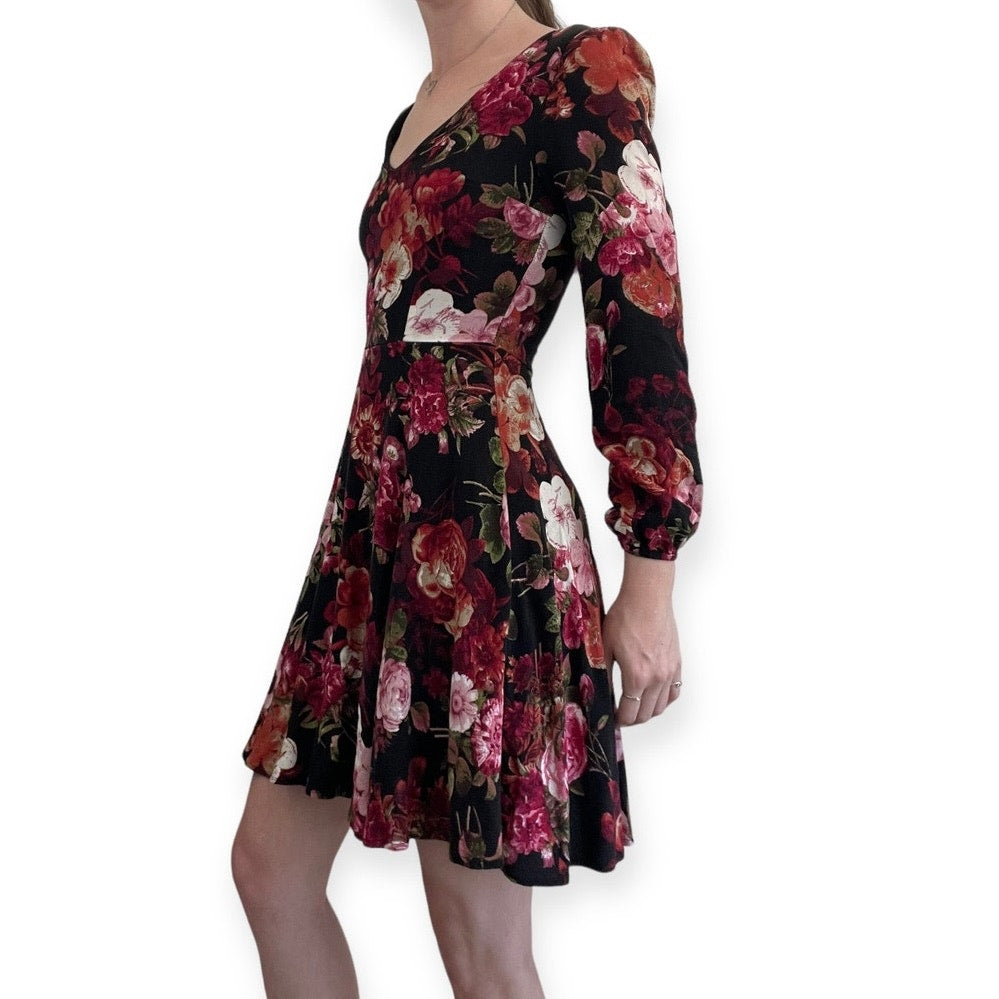 Fervour Black and Red Floral A-Line Long Sleeve Mini Dress