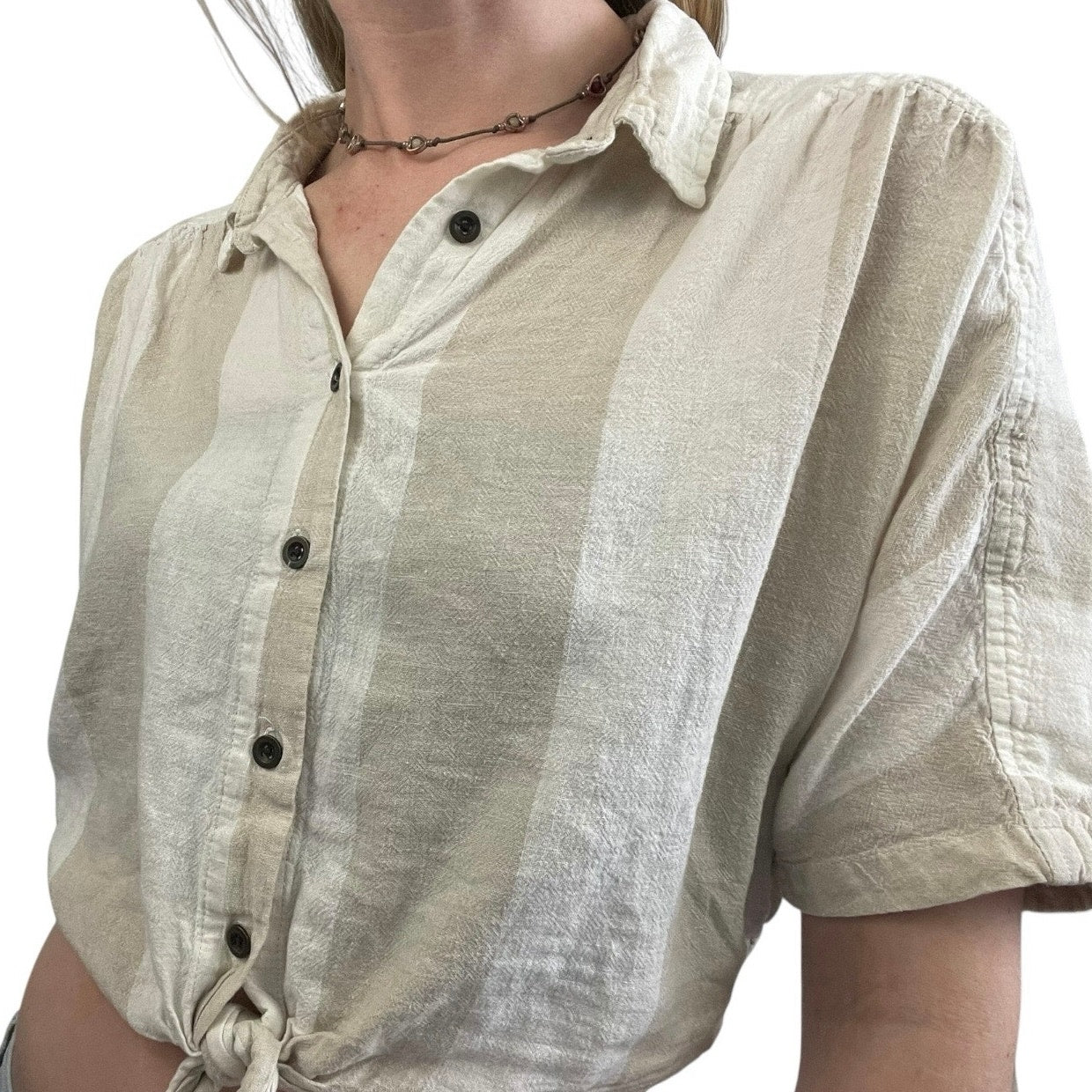 BDG Beige & White Striped Cropped Tie Front Button Down Blouse