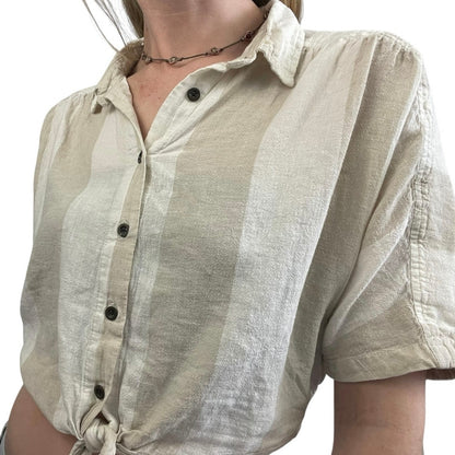 BDG Beige & White Striped Cropped Tie Front Button Down Blouse