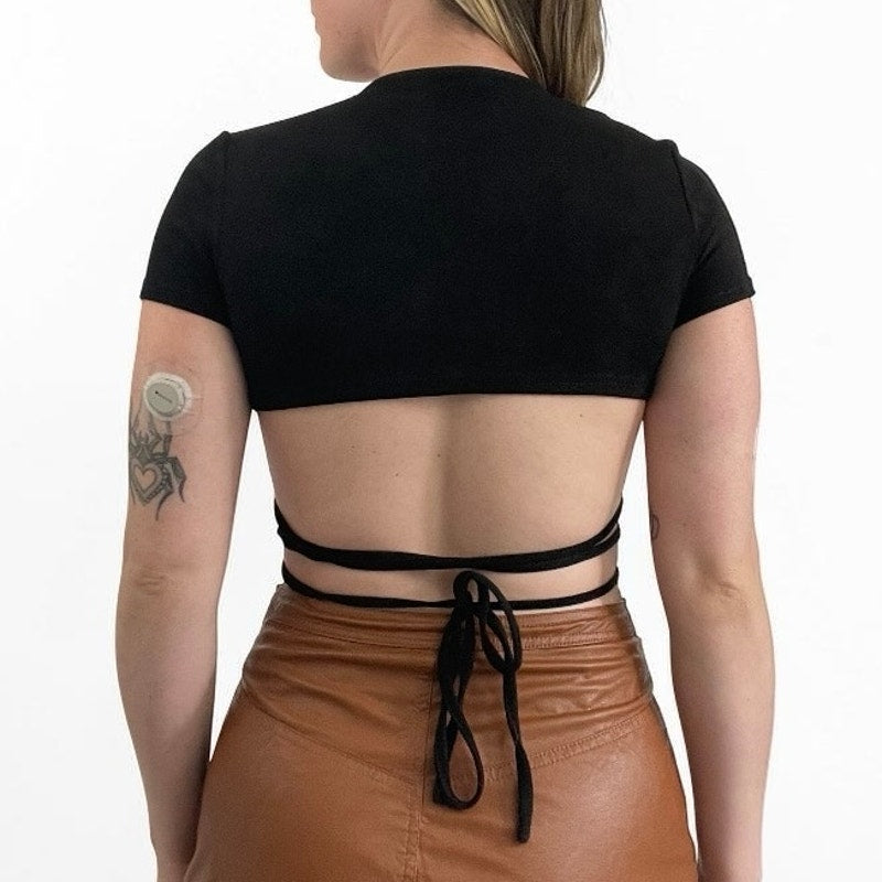 Adika Black Wraparound Tie Front Cropped Top