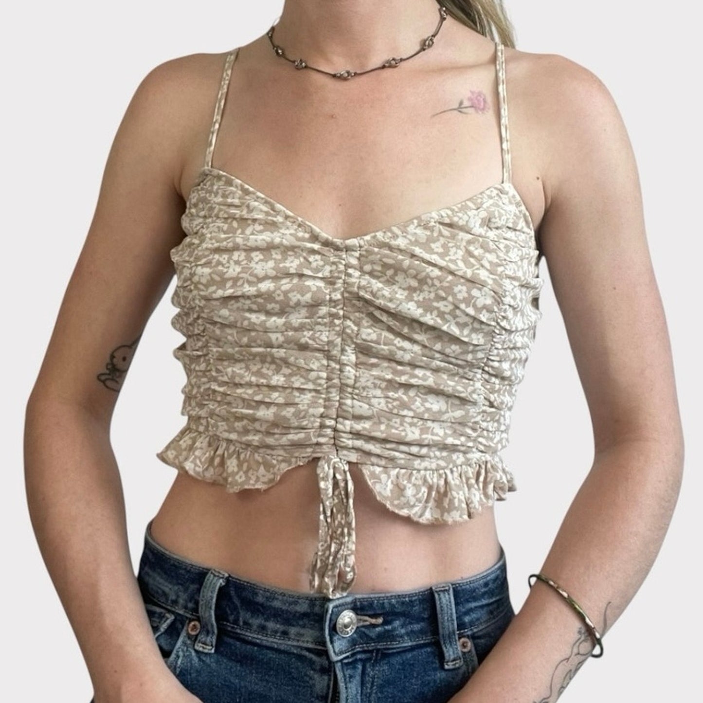 Lelis Floral Ruched Cinched Cropped Tie Front Tank Top