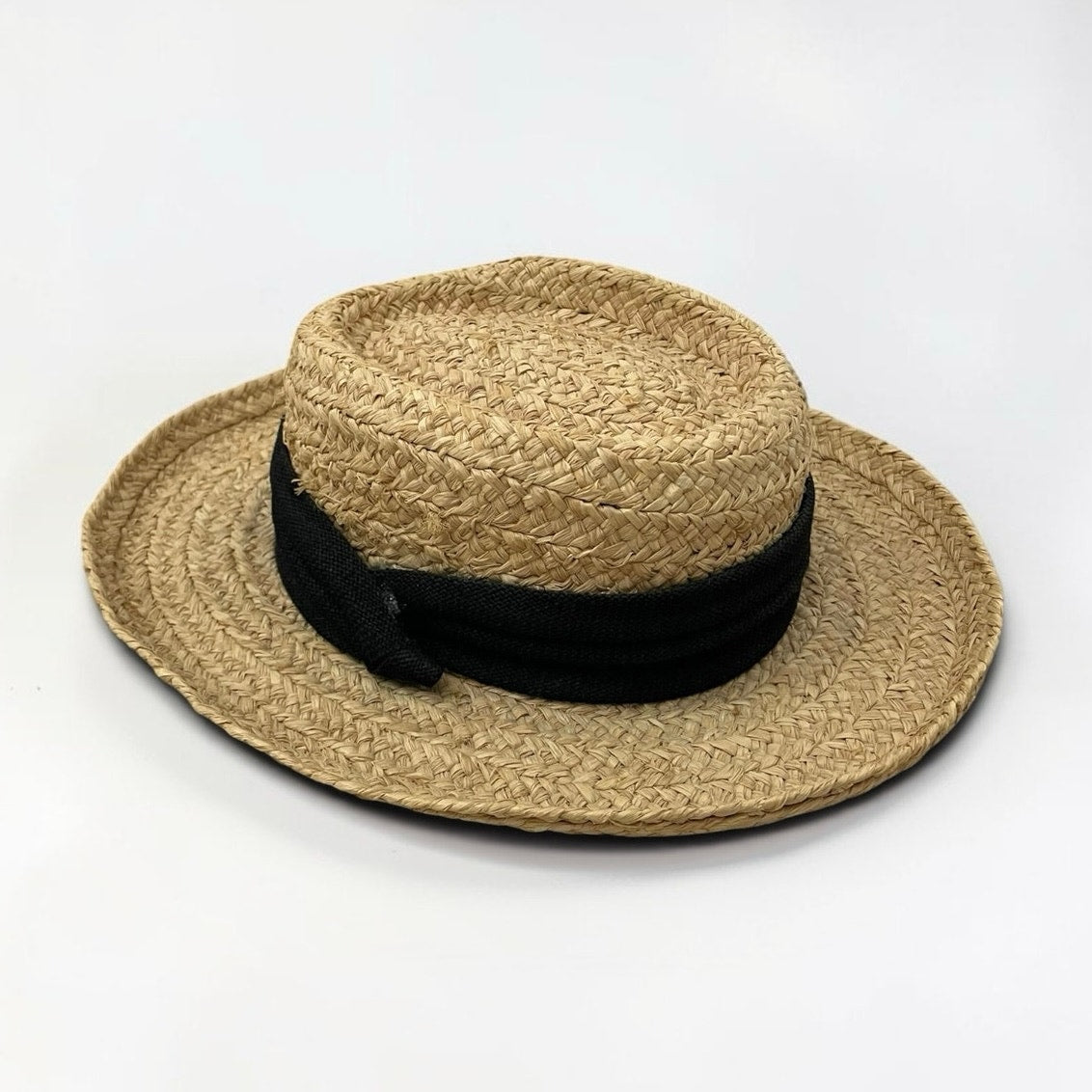 Natural Woven Straw Black Band Boater Wide Brim Sun Hat