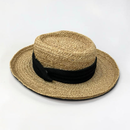 Natural Woven Straw Black Band Boater Wide Brim Sun Hat