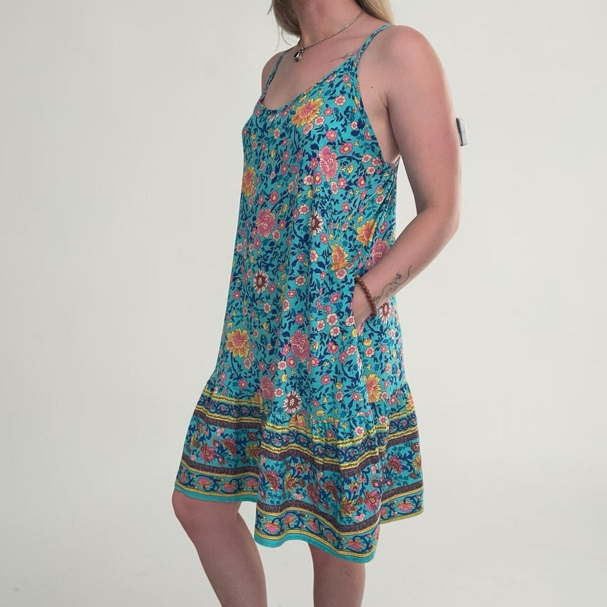Qearal Blue Boho Floral Print Mini Dress