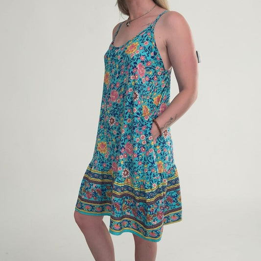 Qearal Blue Boho Floral Print Mini Dress